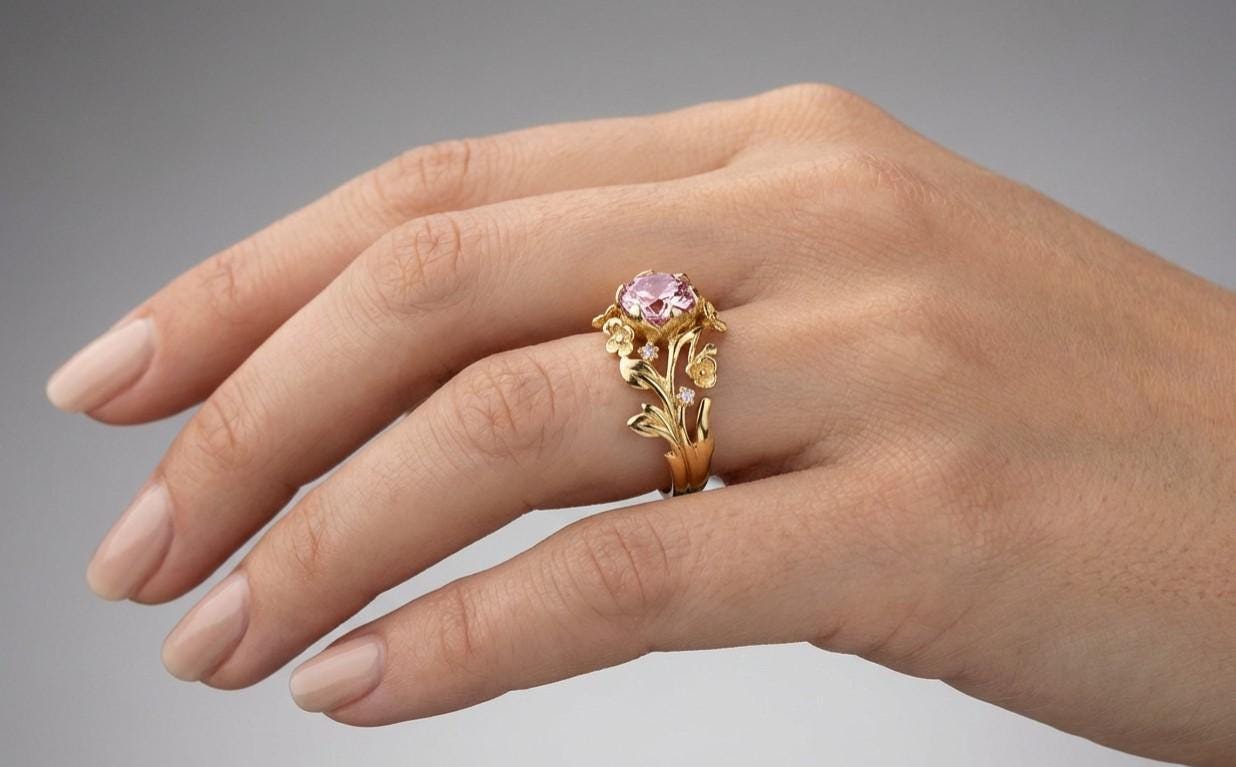 Flower Engagement Ring, Cherry Blossom Engagement Ring, Zircon