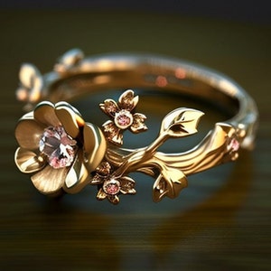 flower engagement ring, cherry blossom engagement ring, morganite engagement ring, twig engagement ring, geek engagement, flower gold ring