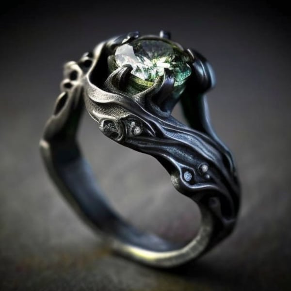 tourmaline engagement ring, non traditional, gothic engagement ring, vintage engagement ring, statement ring, geek engagement, black gold