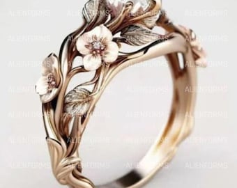 flower engagement ring, cherry blossom engagement ring, zircon engagement ring, twig engagement ring, geek engagement, flower ring