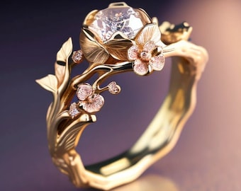 flower engagement ring, cherry blossom engagement ring, zircon engagement ring, statement ring, geek engagement, Japanese sakura ring