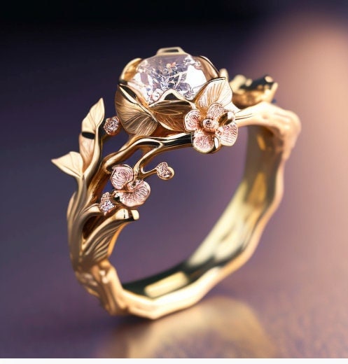 Flower Engagement Ring, Cherry Blossom Engagement Ring, Zircon