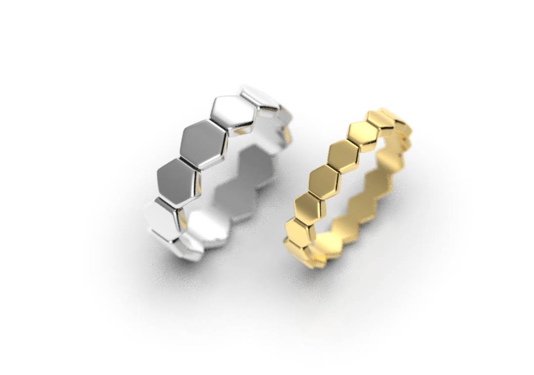 Hexagon Wedding Ring Set, His and Hers Wedding Rings, Unique Wedding ...