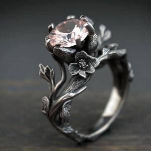 leaves engagement ring, cherry blossom engagement ring,morganite engagement ring,twig engagement ring,leaf engagement,black ring, black gold