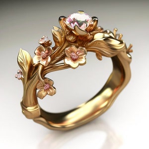 flower engagement ring, cherry blossom engagement ring, morganite engagement ring, twig engagement ring, geek engagement, flower gold ring