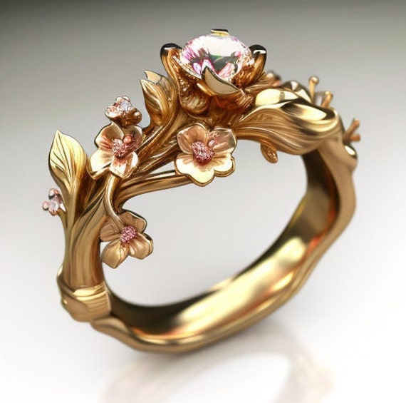 Sakura Blossom Diamond Ring, Rose Gold Floral Wedding Ring