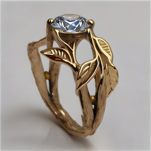 anel de noivado de moissanite, anel inspirado na natureza, anel de noivado orgânico, anel de noivado de folhas, anel de noivado não tradicional, diamante