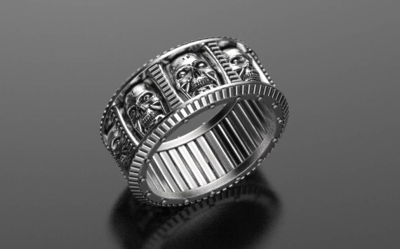Futuristic Wedding Band Skull Ring Mens Skull Ring Geek Etsy