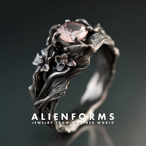 flower engagement ring, black gothic ring, diamond engagement ring, twig engagement ring, nature, leaves ring, sakura ring