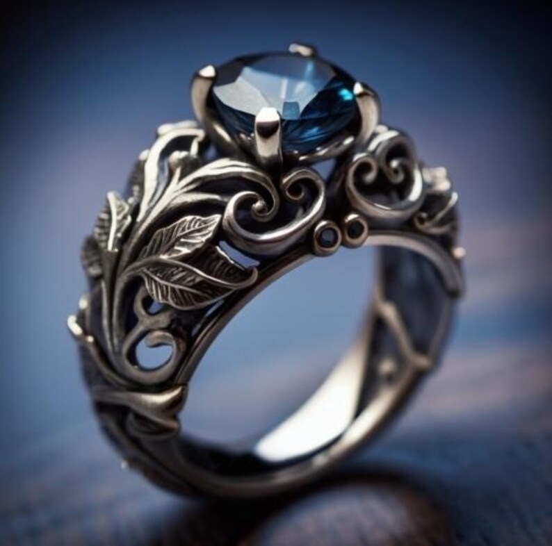 Gotische saffier verlovingsring, sterlingzilveren bladeren, alternatieve ring
