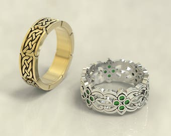 Celtic wedding band set, gold celtic wedding ring, palladium celtic rings, celtic diamond band,