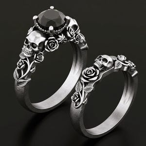 Schädel und Rose Verlobungsring, Gothic Verlobungsring, alternative Hochzeit, Brautschmuck, Spinell Ring, schweres Metall, Vintage Goth, Blumen Ring