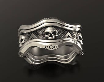 Skull wedding ring, silver skull ring, mens skull ring, biker ring, geek wedding ring, scifi ring, sci fi gothic skull ring, gold skull ring