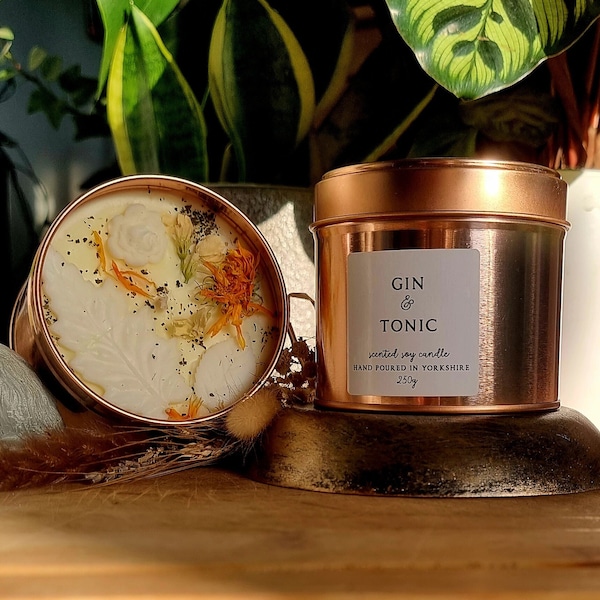 Gin & Tonic Essential Oil Scented Soy Candle - 250ml Rose Gold Tins - 100% Soy Wax - Pure Essential Oil Blend - CLP Compliant - Vegan
