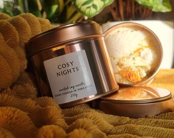 Cosy Nights Essential Oil Scented Candle - 250ml Rose Gold Tins - 100% Soy Wax - Essential Oil Blend - CLP Compliant - Vegan