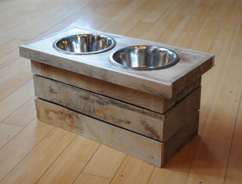Dog Feeding Station With Storage Two Stainless Steel Bowls Rustic Style Easy Clean Top Made From Reclaimed Hardwood