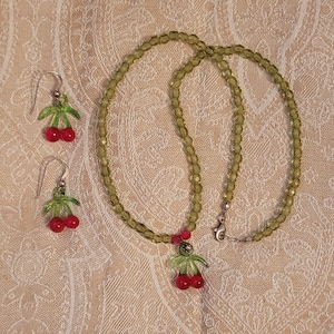 Vintage Glass Cherries Necklace and Earrings Set