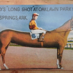 "Das Heutige ""Long Shot"" In Oaklawn Park - Vintage Postkarte." Heiße Quellen, Arkansas. Pferderennbahn. Sichere Kommunikation während der sozialen Distanzierung!
