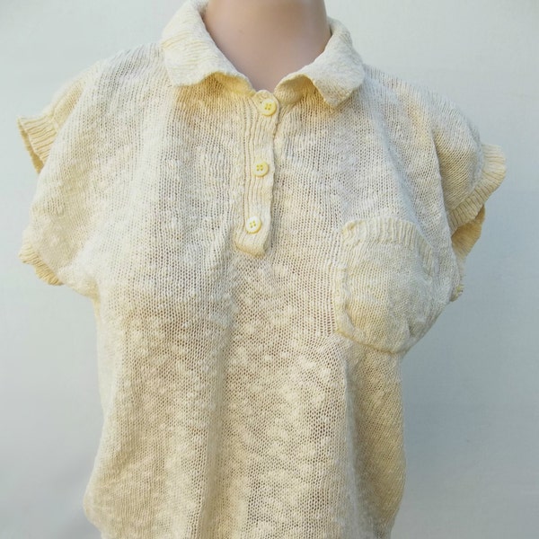 ON SALE Vintage retro sweater 1980's off white pale yellow lightweight cotton ramie sleeveless knit