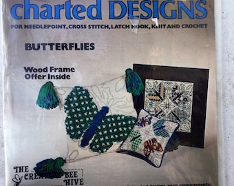 Vintage charted design BUTTERFLIES   The Creative Bee Hive charted designs needlepoint, cross stitch, latch hook , knit, crochet NOS unopene