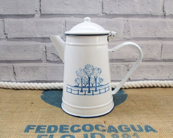 Vintage Enamelware Coffee Pot White with Blue Tree Design & Trim Polish Great Cond Kitchenalia Rustic Display Country Kitchen Unique Gift