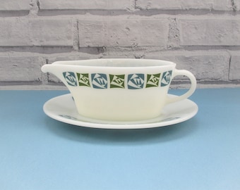 Jaj Checkers Pyrex Gravy Boat & Saucer 1960s VGC Kitchenalia Blue Green Pattern Funky Retro Tableware Sauces Jug Abstract Display Great Gift