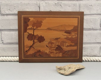 Vintage Marquetry Coastal Scene Inlaid Wood Wall Art Gallery Wall Rustic Wooden Craft Home Decor Styling Wood Tones Housewarming Gift