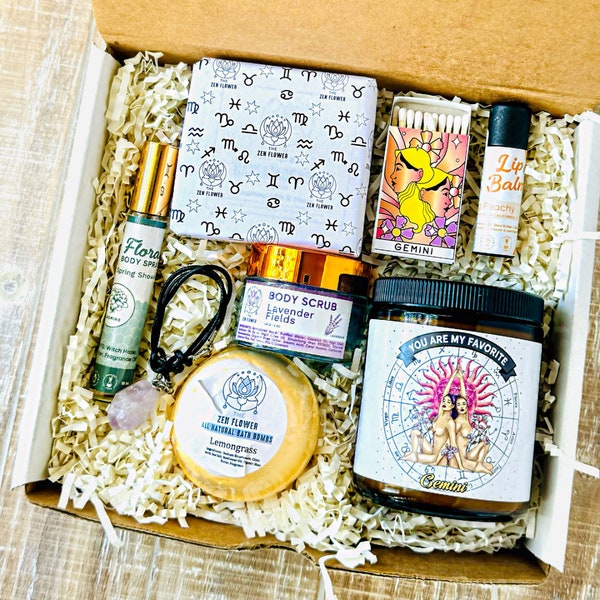 Gemini Zodiac Floral Crystal and Spa Gift Box, Metaphysical Crystals, Zodiac Sign Gift, Witchy Gift, Gemini Candle, Astrology