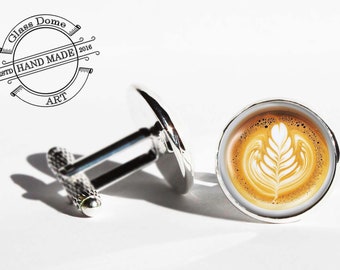 Cup of cofee cuff Links, latte coffee Cufflinks, cappuccino Cufflinks men jewellery gift jewelry, picture under glass dome jewelry Link