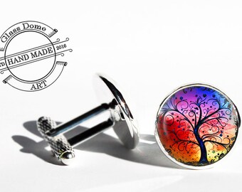 Tree of life cufflinks, Rainbow tree cuff links, handmade gift for men and women, tree of life cuff link accessories, tree cufflink jewelry