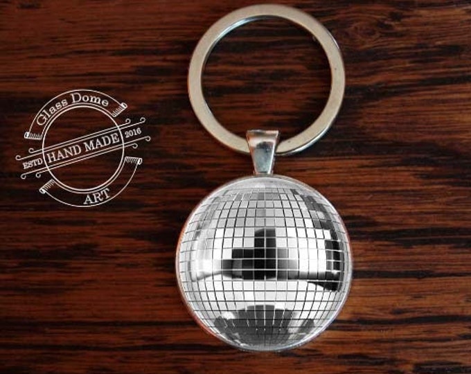 Discoball keychain, disco ball key ring,  gift key chain, handmade gift for men and woman key ring, Disco, picture under glass dome jewelry