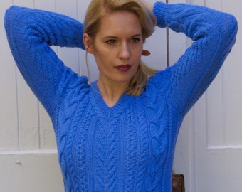 Hand knit wool sweater, Wool, sweater, fisherman sweater, knit sweater, hand knitted, Vneck sweater,