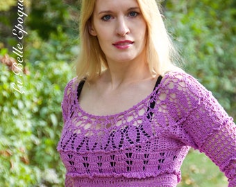 Purple lace knit top, hand made lace blouse, three quarter sleeve, freeform knit, crochet lace, READY TO SHIP