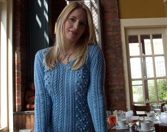 Handknit cotton sweater, aran cotton sweater, womens handmade sweater, v neck pullover, ready to ship