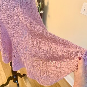 Blush Pink Lace Crochet Alpaca Poncho, Handmade Cowl Neck Cape Shawl, Lightweight Openwork Sweater Wrap, One of a Kind image 10