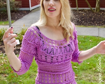 Purple Crochet Lace Top, Handmade Cotton Blouse, Vanessa Montoro Style Knit Top, Romantic Crochet Sweater, Artisan Lace Blouse