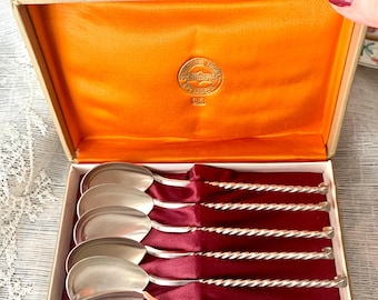 Vintage Soviet Silver Plated Tea Spoons Set of 6 in Original Box, Twisted Handle, Russian Melchior Flatware, Elegant Gift Set