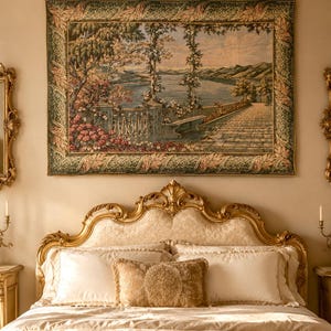 Vintage 1970s Lake Como Style Wall Tapestry, Woven Jacquard Landscape, Lined Italianate Wall Hanging, 52 x 35.5 in