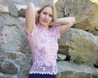 Irish Crochet Lace Top, Handmade Cotton Lace Blouse, Floral Artisan Crochet Top, Size S