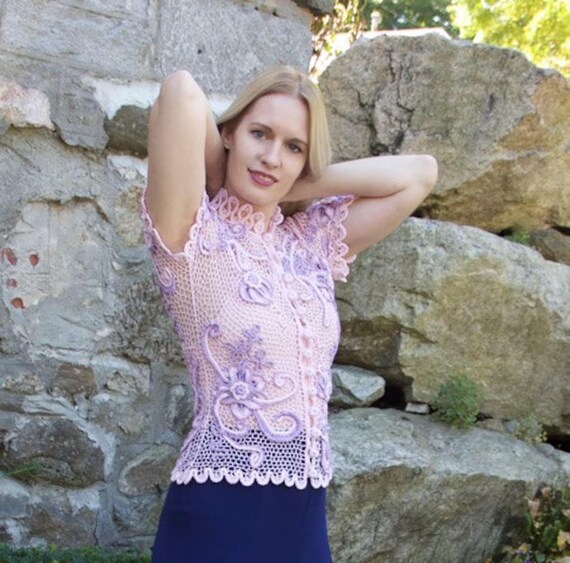 Irish Crochet Lace Top, Handmade Cotton Lace Blouse, Floral