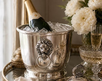 Vintage Sheffield Silver Co Silver Plate Ice Bucket Champagne Cooler with Lid Lion Head Handles Milk Glass Liner Hollywood Regency