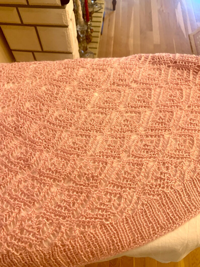 Blush Pink Lace Crochet Alpaca Poncho, Handmade Cowl Neck Cape Shawl, Lightweight Openwork Sweater Wrap, One of a Kind image 11