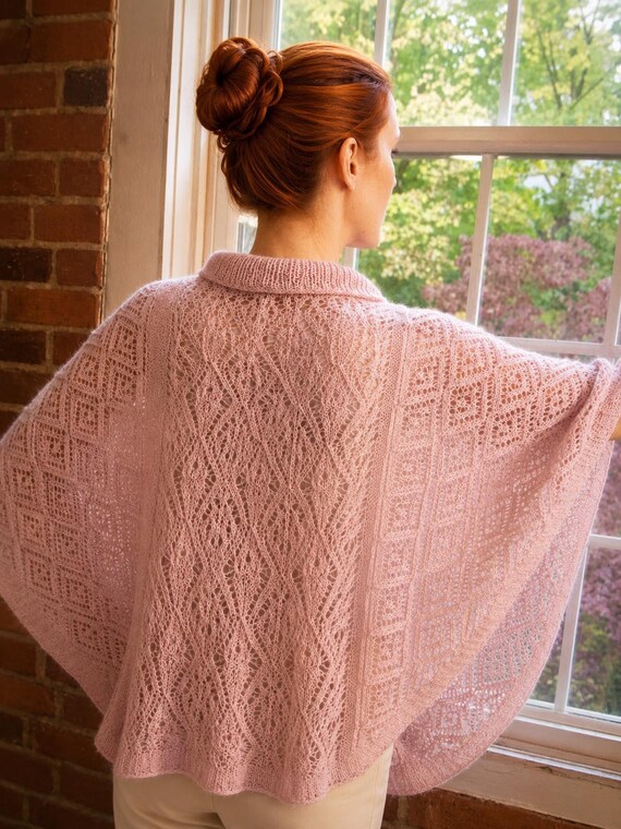 Blush Pink Lace Crochet Alpaca Poncho, Handmade Cowl Neck Cape Shawl, Lightweight Openwork Sweater Wrap, One of a Kind
