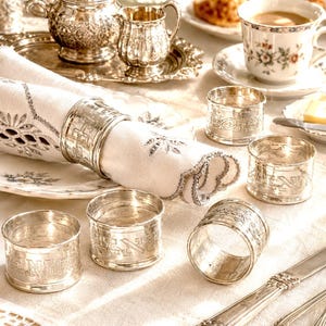 Set of 6 Vintage Silver Napkin Rings, Silverplate Oval Napkin Holders, Engraved Floral Table Decor