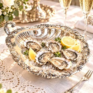 May include: A silver-plated serving dish shaped like a large scallop shell with an ornate, embossed rim and a curved handle. The dish is filled with crushed ice, five raw oysters, and two bright yellow lemon wedges, creating a formal presentation.