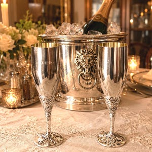 Vintage Silverplate Champagne Flutes Pair, Grape Vine Stem Goblets, Engraved 9-6-96 Toasting Cups, Wedding Anniversary Barware