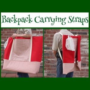 May include: Two views of a large red and white striped tote bag with cream straps. The bag has a red body with a striped centre panel and a striped bottom. The text "Backpack Carrying Straps" is at the top.