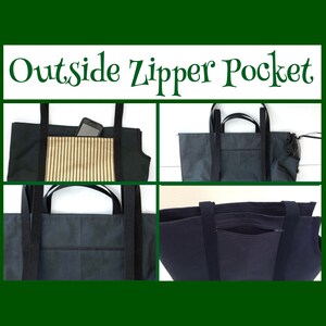 May include: A black tote bag with an outside zipper pocket. The bag has black handles and a striped pocket. The image shows different views of the bag, highlighting the zipper pocket and interior details. Text on the image reads "Outside Zipper Pocket."