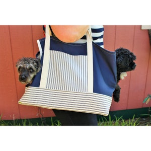Duplex Dog Carrier, Blue Striped Canvas Dual Pet Carrier Bag to Carry 2 Small Dogs Together, 2 Sizes image 1