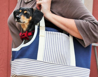 Dog Carrier - Navy Stripe Canvas Pet Tote Bag for Dogs XS to XXL - Custom Fitted to Your Dog's Measurements